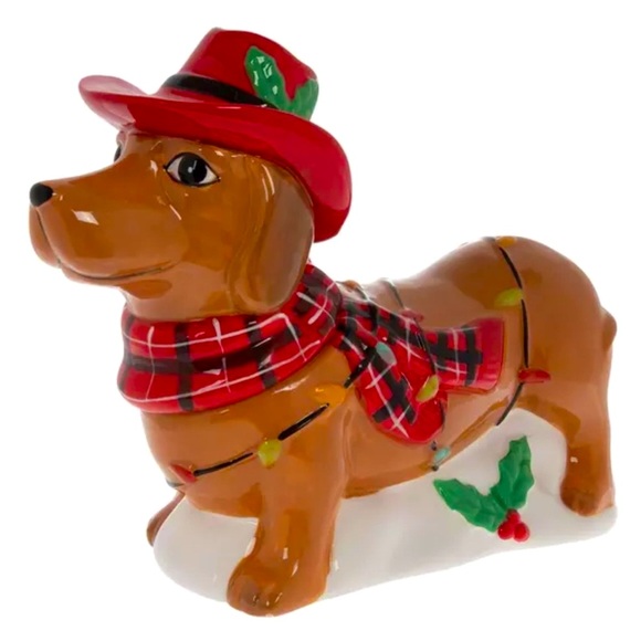 NWT Dachshund Holiday Ceramic Cookie Jar w/ Red Cowboy Hat & Scarf - Picture 1 of 9